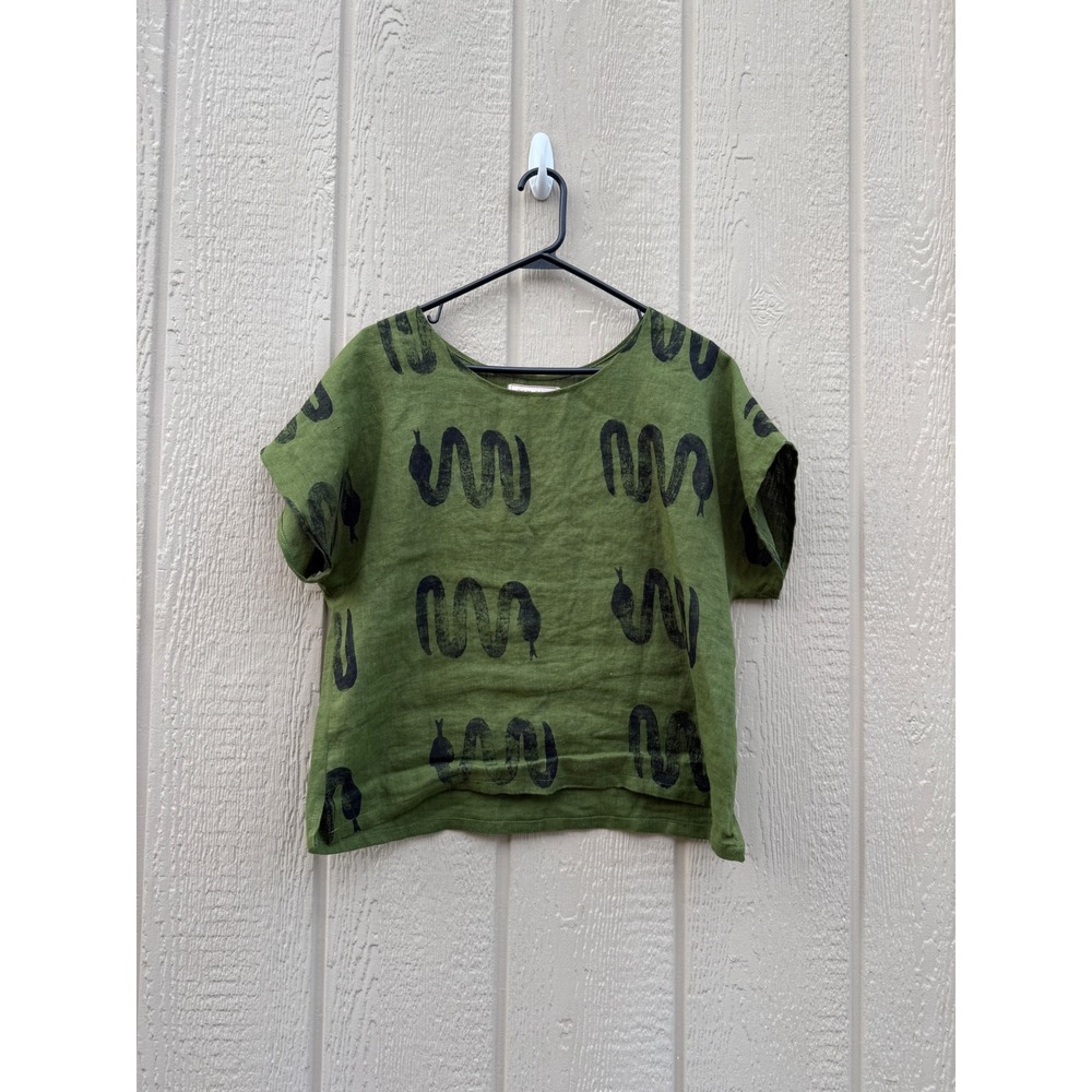 Love To Love You Medium Top Snake Print Boxy Linen Olive Green Graphic Tee